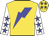Gold, blue lightning bolt, blue stars on white slvs, blue stars on gold cap