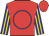 Red, blue circle, yellow stripes on navy blue sleeves