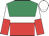 Emerald green and red halved horizontally, white hoop, white and red halved sleeves, white cap