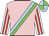 Pink, light blue and green sash, red stripes on white sleeves, light blue and green quartered cap