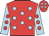 Red, light blue spots, light blue sleeves, red spots, red cap, light blue spots