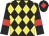 Black and yellow diamonds, black sleeves, red armlets and diamond on black cap