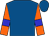 Royal blue, orange circled 'r', blue bars on orange sleeves