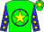 Green,  blue circle, yellow star, blue sleeves with yellow stars, green cap with yellow star