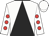 White and black triangular thirds, red spots on white sleeves