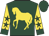 Dark green, gold horse, gold sleeves, dark green stars and cuffs