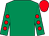 emerald green, red spots on sleeves, red cap