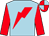 light blue, red lightning bolt, red sleeves, light blue lightning bolt, quartered cap