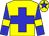 Yellow, blue cross, blue arms, yellow armlets, yellow cap, blue star
