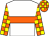 white, orange band, orange and yellow checked sleeves and cap