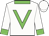 White, green collar & 'v', green cuffs on sleeves, white cap