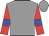 Grey, blue bars on red sleeves