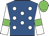 Royal blue, white dots, green bars on white sleeves, green cap