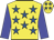 Yellow, royal blue stars, blue sleeves
