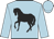 Light blue, black horse, light blue band on sleeves, light blue cap