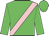 Lime, pink sash, pink stars and 'dbk' on sleeves, lime cap