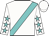 White, turquoise sash, turquoise stars on sleeves