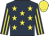 Dark blue, yellow stars, striped sleeves, yellow cap