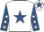 White, royal blue star, royal blue sleeves, white stars, white cap, royal blue star