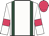 White, dark green braces, white sleeves, cerise armlets, cerise cap