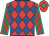 Red and royal blue diamonds, emerald green and red striped sleeves, red cap, emerald green diamond