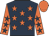 Dark blue, orange stars, orange sleeves, dark blue stars, orange cap