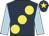 Dark blue, large yellow spots, light blue sleeves, dark blue cap, yellow star