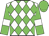 White, green diamonds, white bars on green sleeves, green cap
