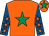 Orange, emerald green star, royal blue sleeves, orange stars, orange cap, emerald green star