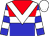 red and blue halved horizontally, white band, white chevron, blue sleeves, white hoops, white cap