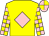 Yellow, pink diamond, yellow sleeves, pink checks, pink and yellow quartered cap