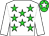 white, lime green stars, white sleeves, lime green cap, white star