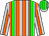 silver, orange stripes, green braces, silver sleeves, orange stripe, silver cap, green stripes