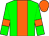 green, orange stripe, orange armbands and cap