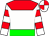 white, red yoke, green belt, White sleeves, red hoops, quartered cap