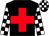 black, red cross, black and white checked sleeves and cap