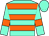aqua, orange hoops, aqua sleeves, orange armlets, aqua cap