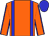Orange, blue braces, seams on sleeves and blue cap