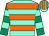 aqua and orange hoops, emerald green sleeves, aqua hoops, aqua cap, orange stripes