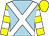 light blue with white cross belts, yellow sleeves with white hoops, yellow cap
