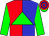 Red and blue halved, green triangle, green sleeves, red and blue hooped cap, green peak
