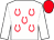 white, red horseshoes, white sleeves, red cap