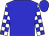 Blue, blue 'v' on white ball, blue blocks on white sleeves