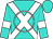 Turquoise, white cross sashes, white circle, white armlets on sleeves