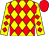 yellow, red diamonds, red cap