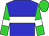 Blue, white hoop, lime green sleeves, white armlets, lime green cap