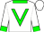 White, green collar & 'v', green cuffs on sleeves, white cap