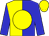 Yellow & blue halves, yellow disc, blue sleeves, yellow cap