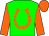 green, orange horseshoe, orange sleeves, orange cap