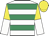 White, emerald green hoops, yellow and white halved sleeves, yellow cap